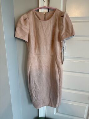 Chic Blush Sheath Dress - Classic Short Sleeve Faux Suede